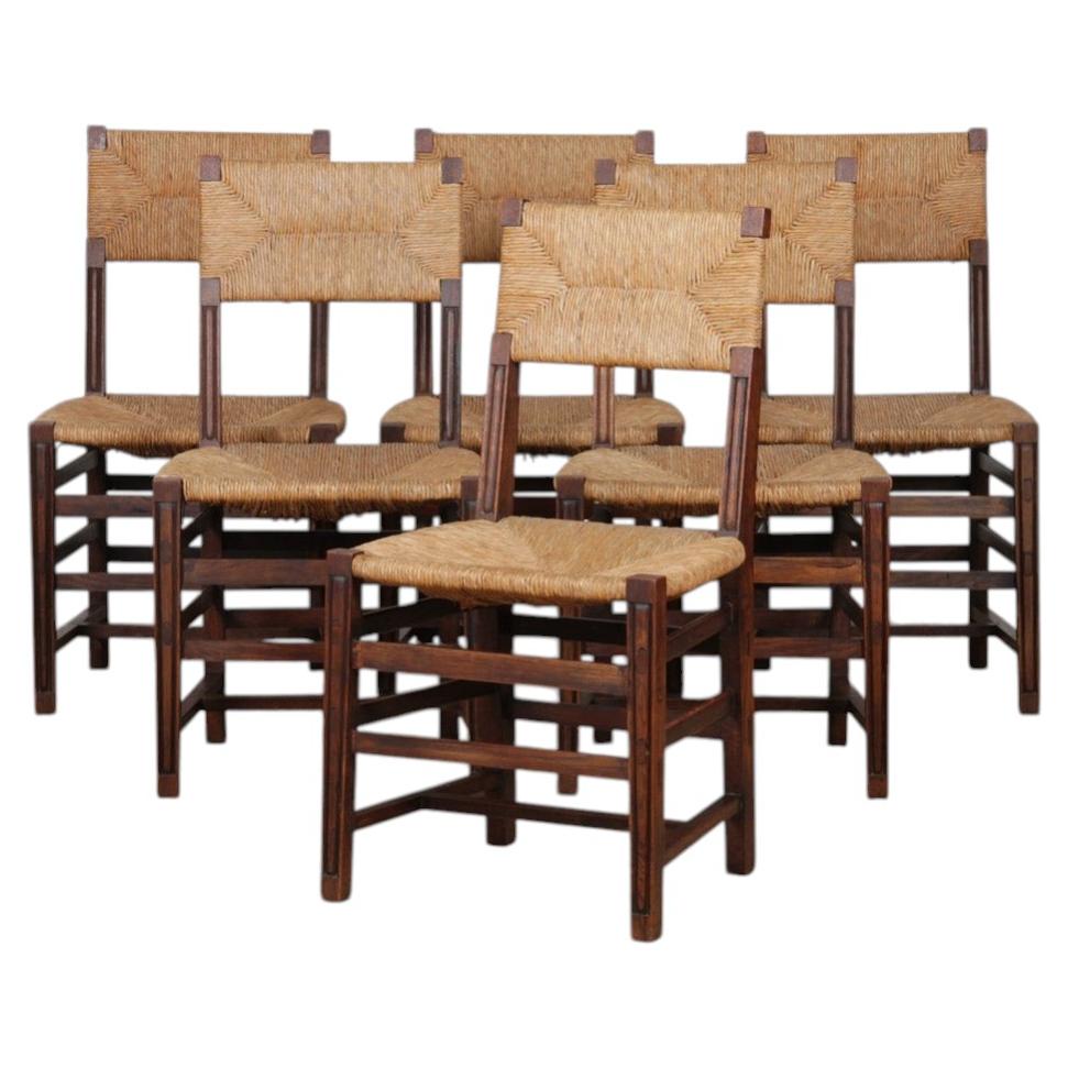 Set of 6 oak wicker chairs, French craftsmanship, 1950