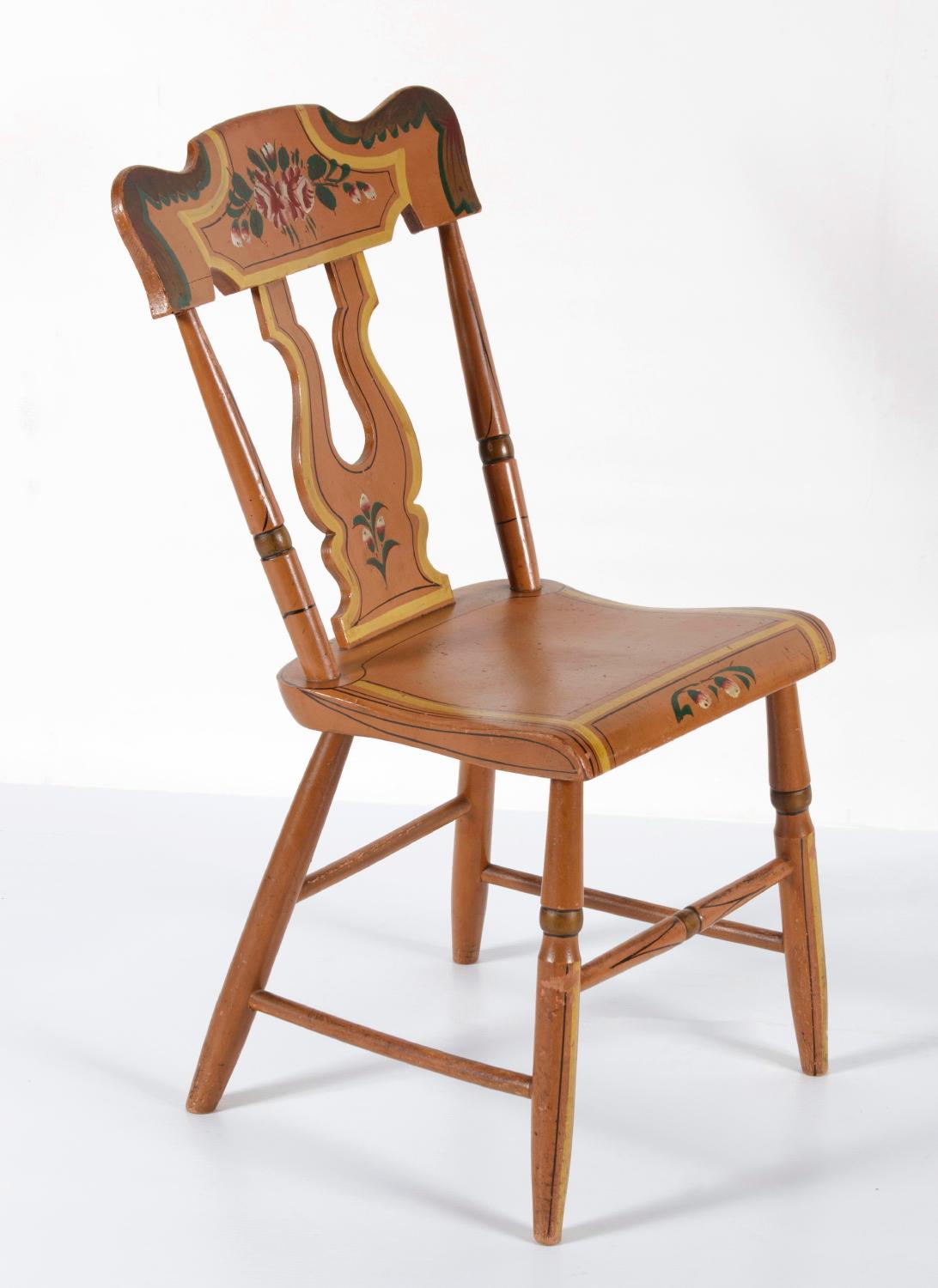 SET OF 6 SALMON PAINTED, PLANK-SEAT, LYRE BACK, PENNSYLVANIA CHAIRS WITH YELLOW STRIPING AND ROSE DECORATION, CA 1845-1865:

Set of 6 paint-decorated, Pennsylvania, plank-seated chairs of the mid-19th century (1845-65), with lyre or bootjack-style