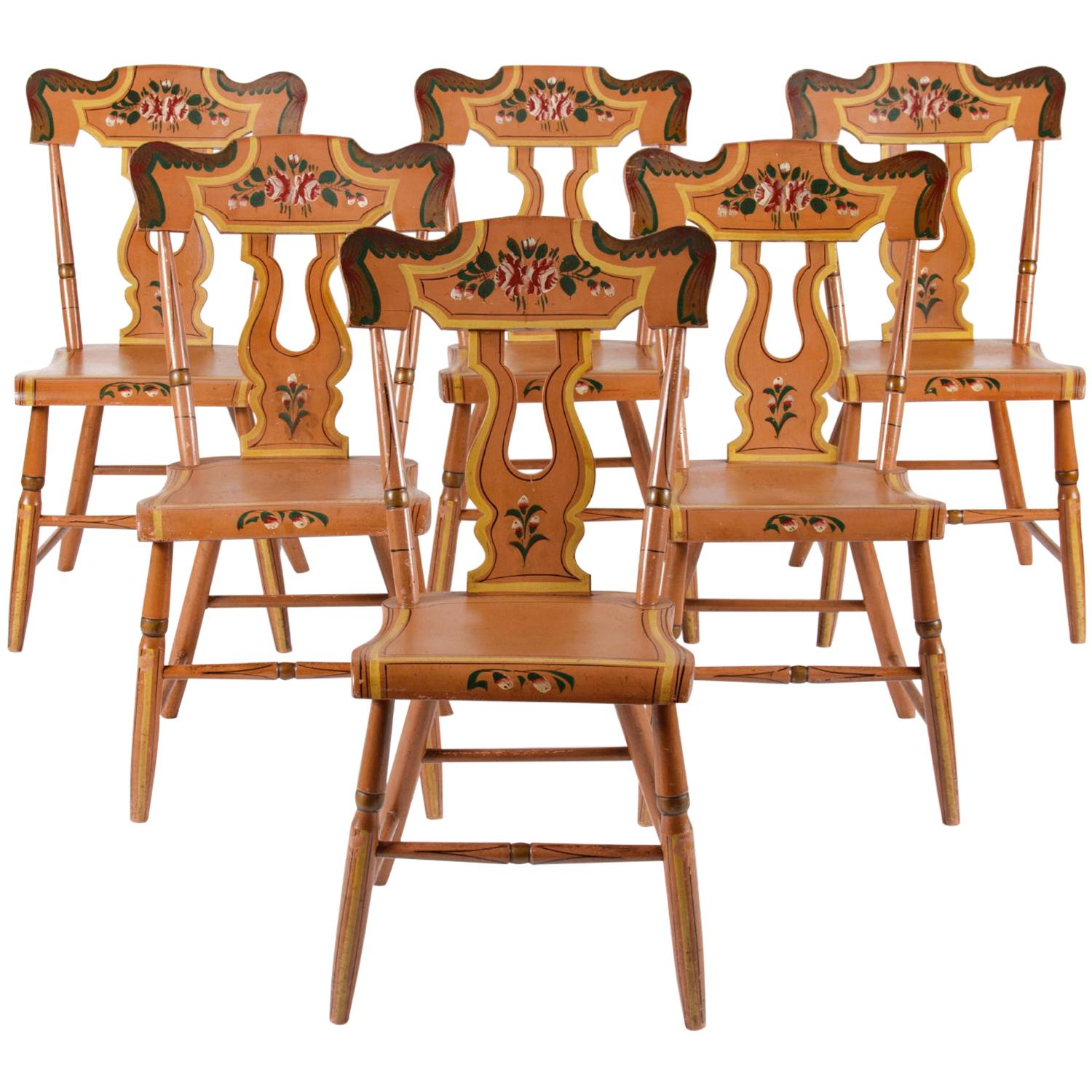 Set of 6 Salmon-Painted, Pennsylvania Decorated Chairs with Roses, 1845-65