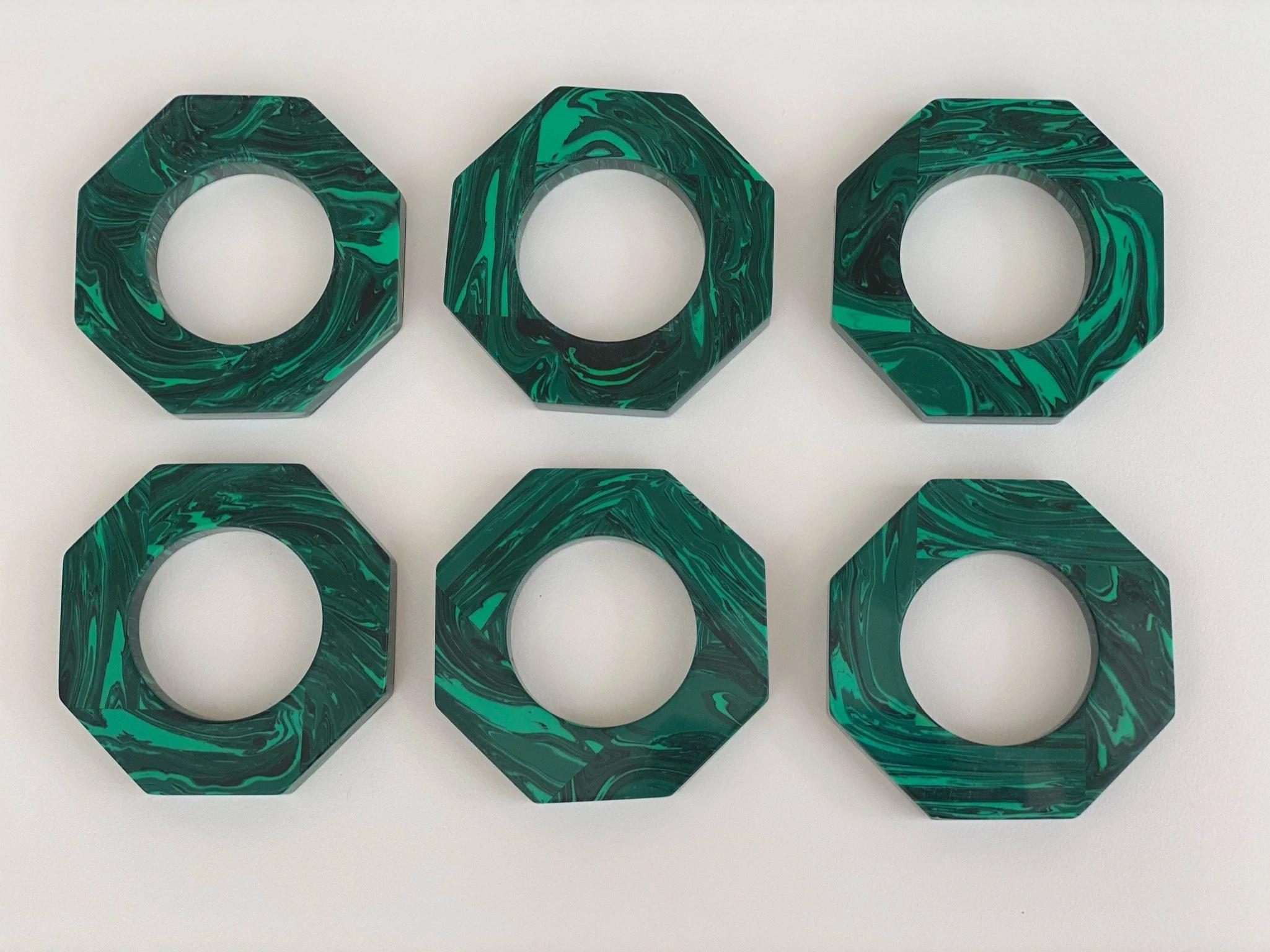 Set of 6 Octagonal Malachite Napkin Rings by Marcela Cure
Dimensions: W 7 x D 7 x H 1 cm
Materials: Malachite

Our luxurious Malachite Napkin Rings are completely made with natural malachite. They are the perfect finishing touch for a beautiful