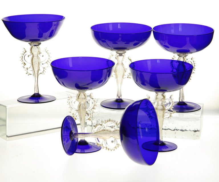 Set of 6 of 12 Cenedese Champagne Goblets Murano Cobalt Glass Gold Accent Signed For Sale 3