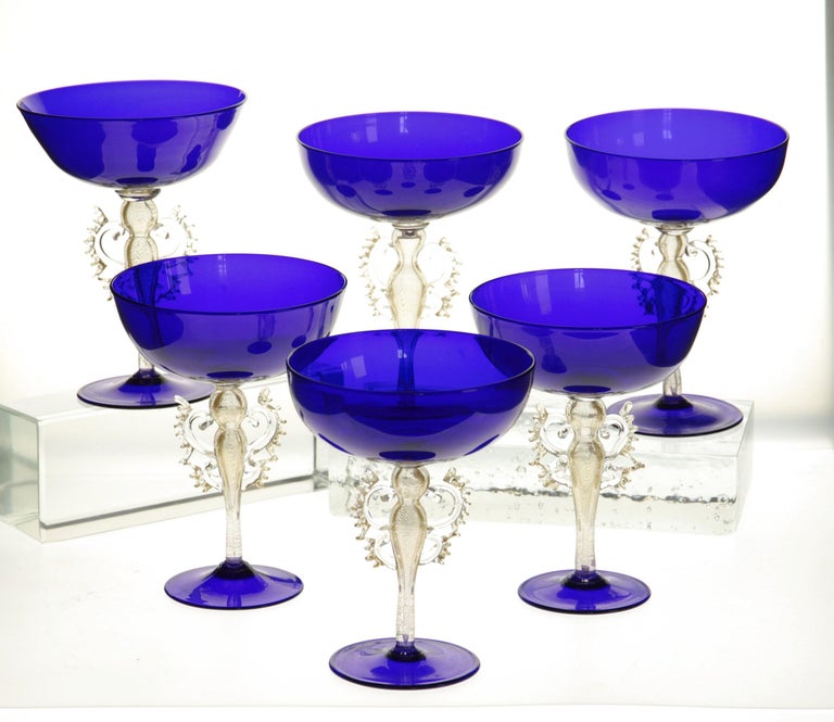 Set of 6 of 12 Cenedese Champagne Goblets Murano Cobalt Glass Gold Accent Signed For Sale 6