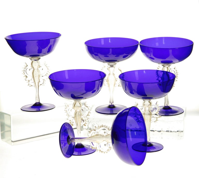 Set of 6 of 12 Cenedese Champagne Goblets Murano Cobalt Glass Gold Accent Signed For Sale 8