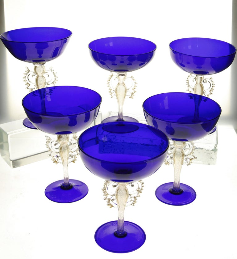 Modern Set of 6 of 12 Cenedese Champagne Goblets Murano Cobalt Glass Gold Accent Signed For Sale