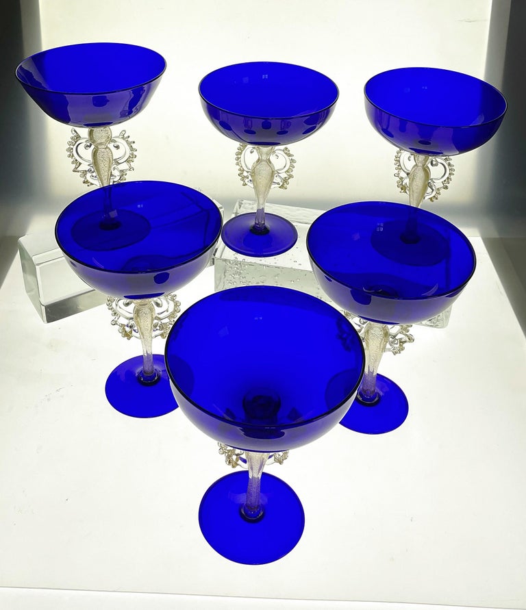 Italian Set of 6 of 12 Cenedese Champagne Goblets Murano Cobalt Glass Gold Accent Signed For Sale