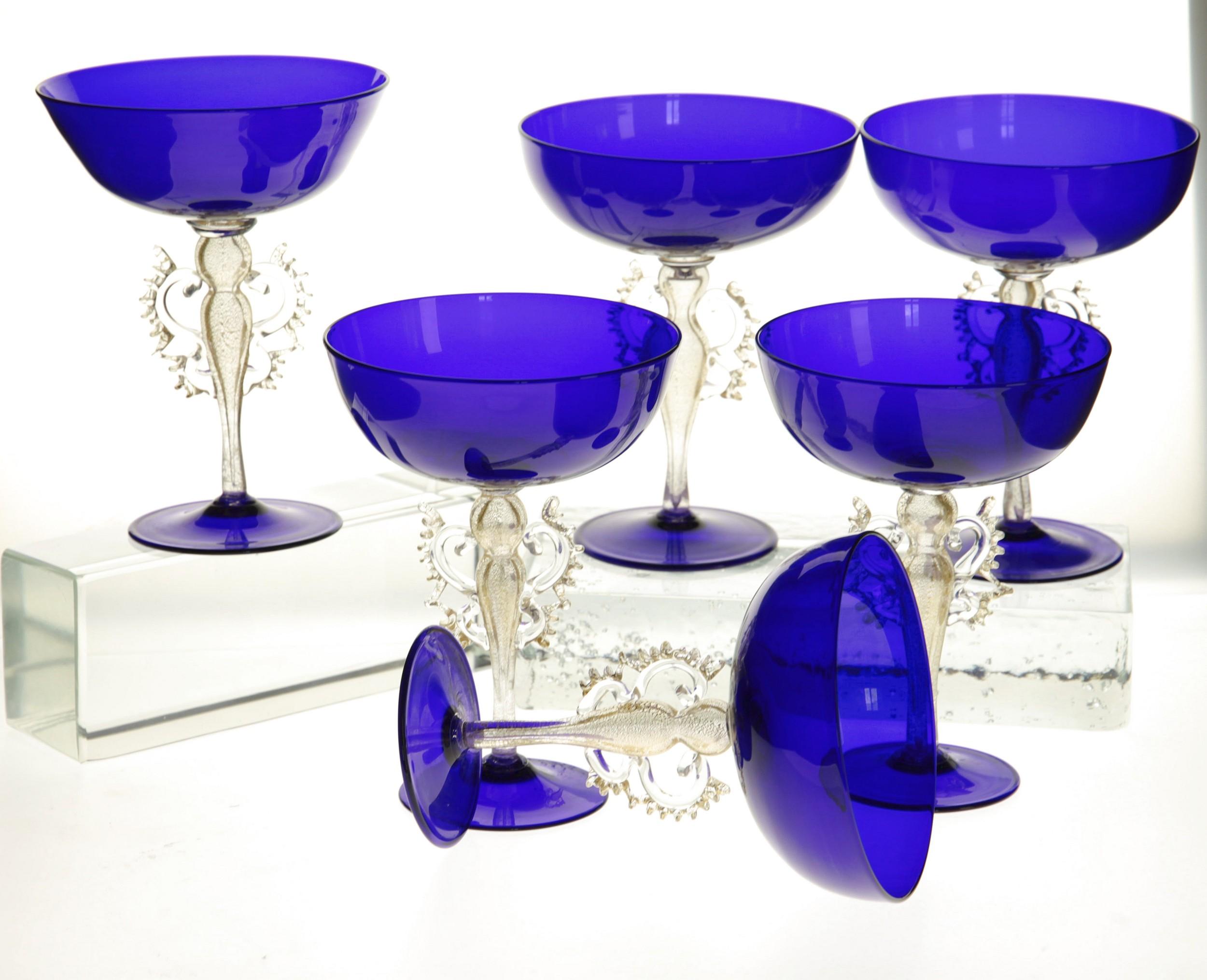 Art Glass Set of 6 of 12 Cenedese Champagne Goblets Murano Cobalt Glass Gold Accent Signed For Sale