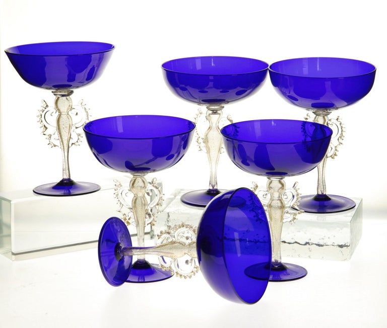 Set of 6 of 12 Cenedese Champagne Goblets Murano Cobalt Glass Gold Accent Signed For Sale 1