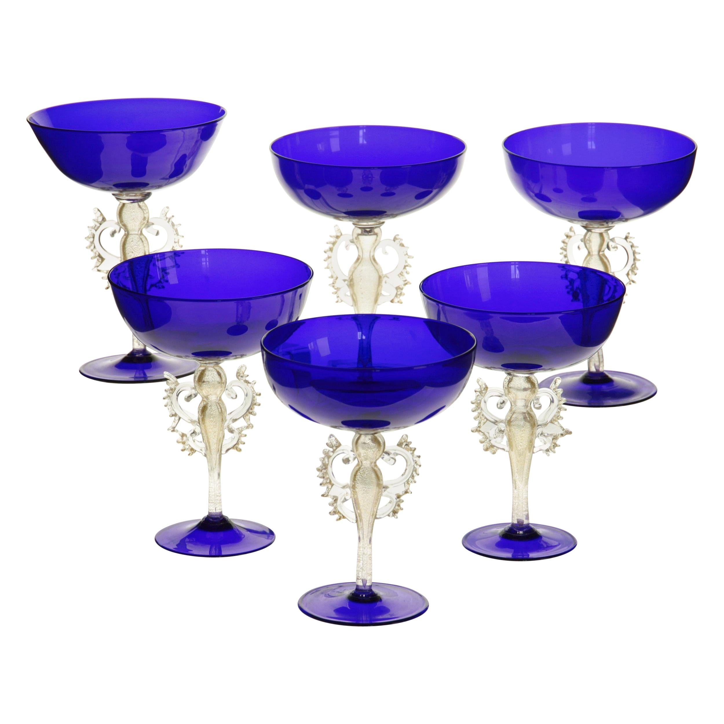 Set of 6 of 12 Cenedese Champagne Goblets Murano Cobalt Glass Gold Accent Signed