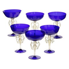 Retro Set of 6 of 12 Cenedese Champagne Goblets Murano Cobalt Glass Gold Accent Signed
