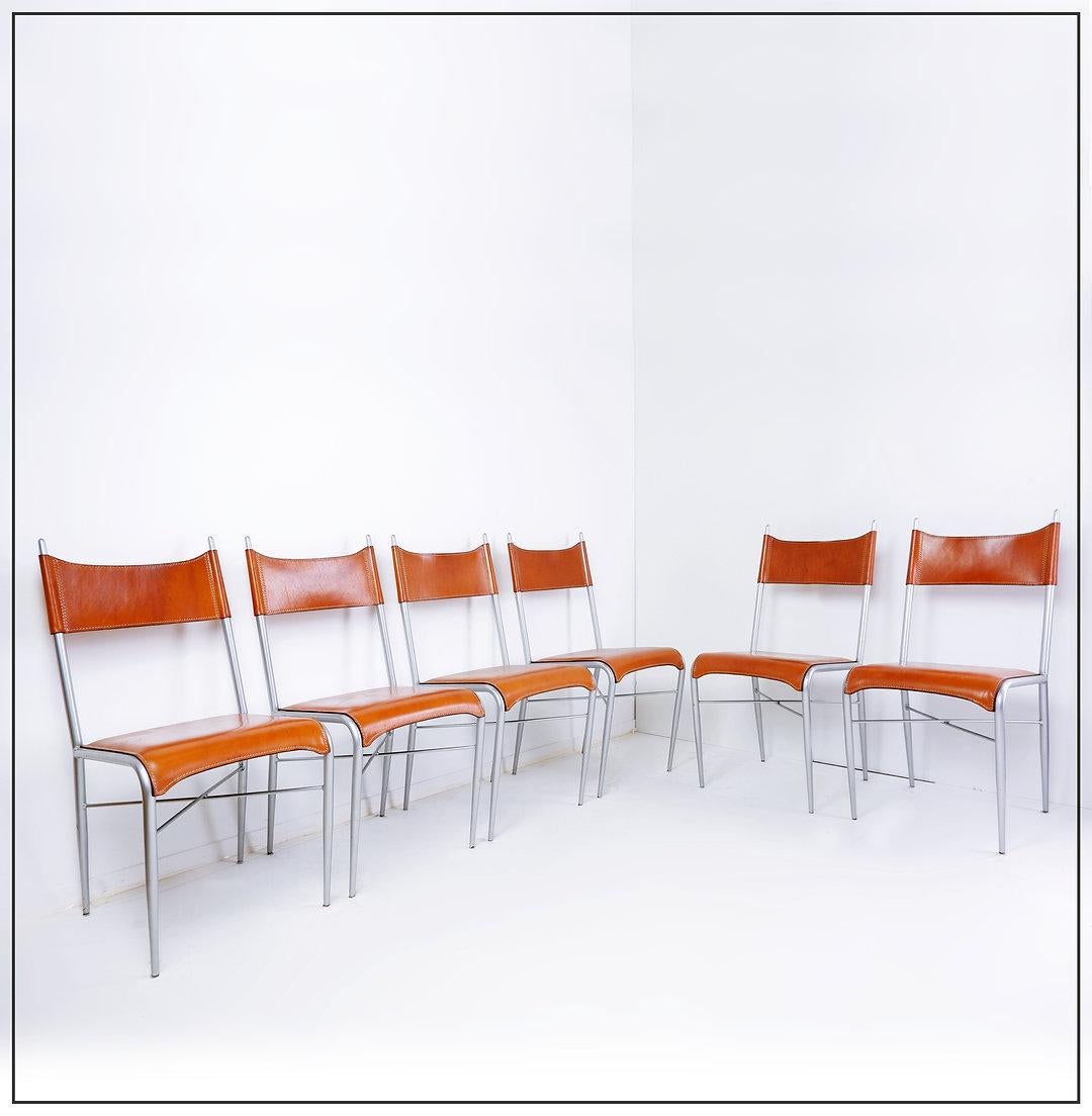 Set of 6 of italian vintage Arrben dining chairs, 1980s - Cognac Leather For Sale 8