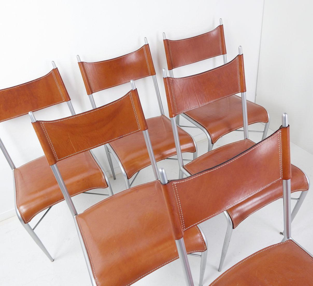 Modern Set of 6 of italian vintage Arrben dining chairs, 1980s - Cognac Leather For Sale