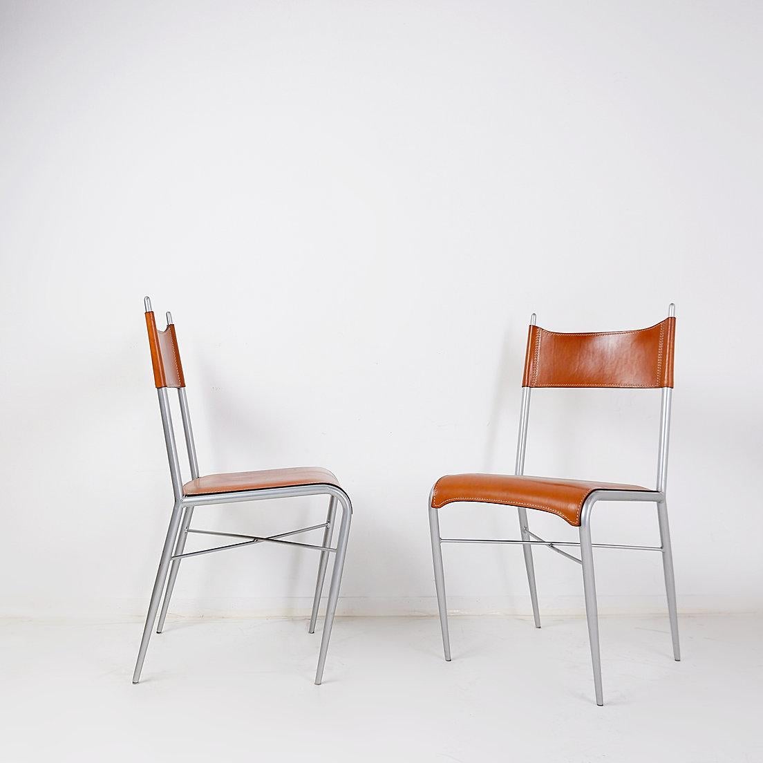 Metal Set of 6 of italian vintage Arrben dining chairs, 1980s - Cognac Leather For Sale