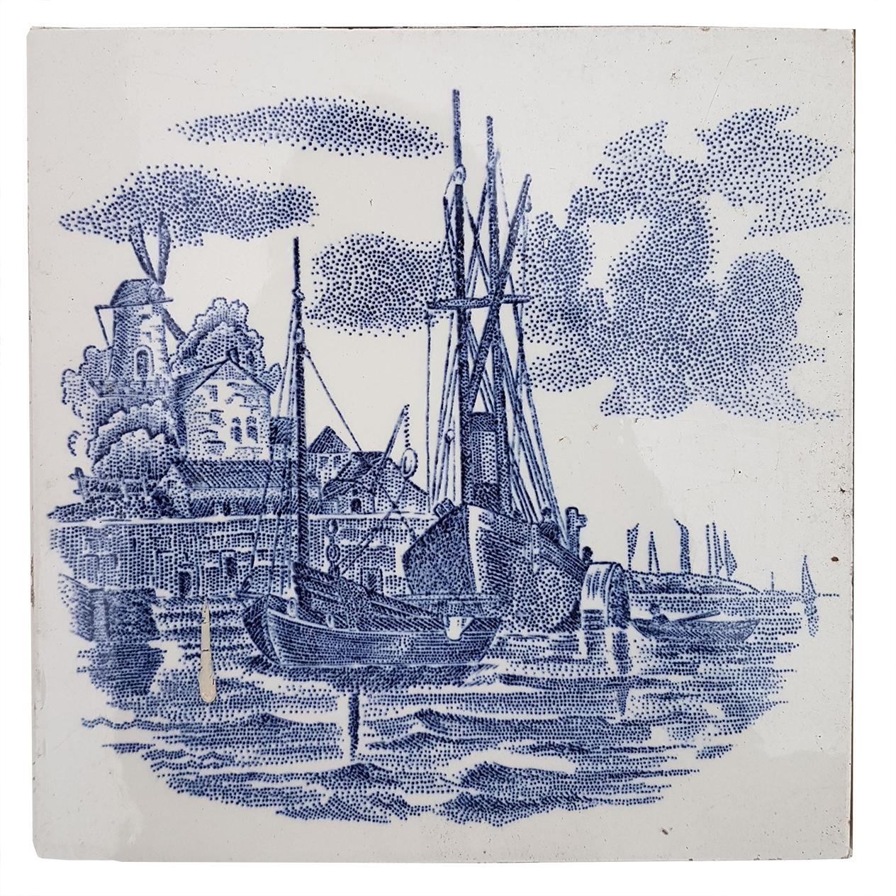 Satz von 6 insgesamt 120 niederländischen blauen Keramikfliesen von Gilliot Hemiksen, 1930er Jahre im Angebot 4