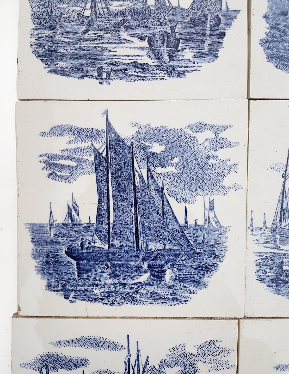 European Set of 6 of Total 120 Dutch Blue Ceramic Tiles by Gilliot Hemiksen, 1930s For Sale