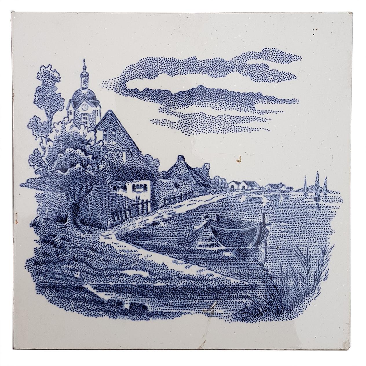 Satz von 6 insgesamt 120 niederländischen blauen Keramikfliesen von Gilliot Hemiksen, 1930er Jahre (Mitte des 20. Jahrhunderts) im Angebot