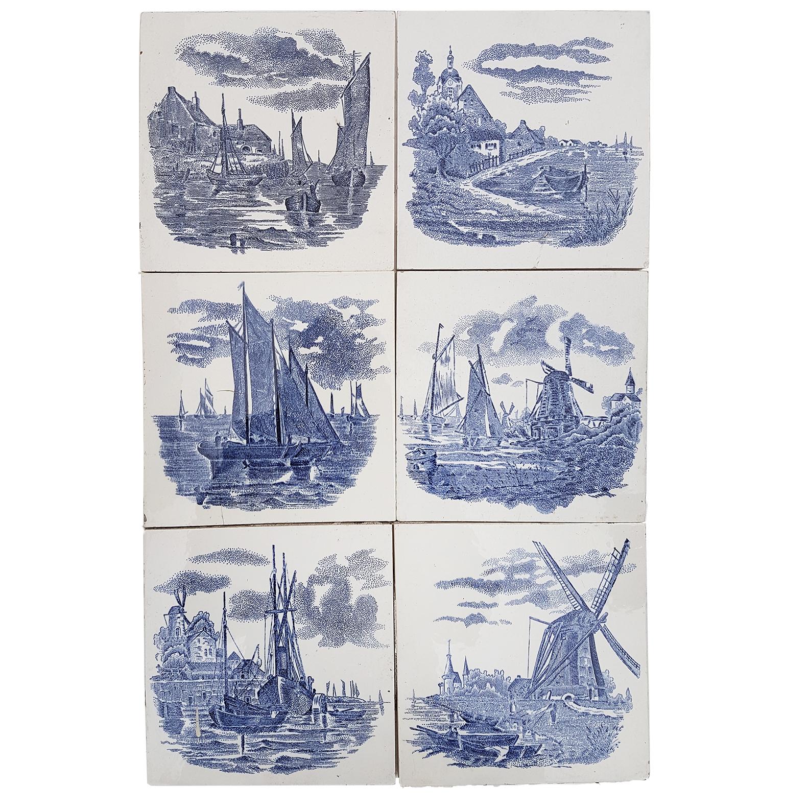 Set of 6 of Total 120 Dutch Blue Ceramic Tiles by Gilliot Hemiksen, 1930s For Sale 2