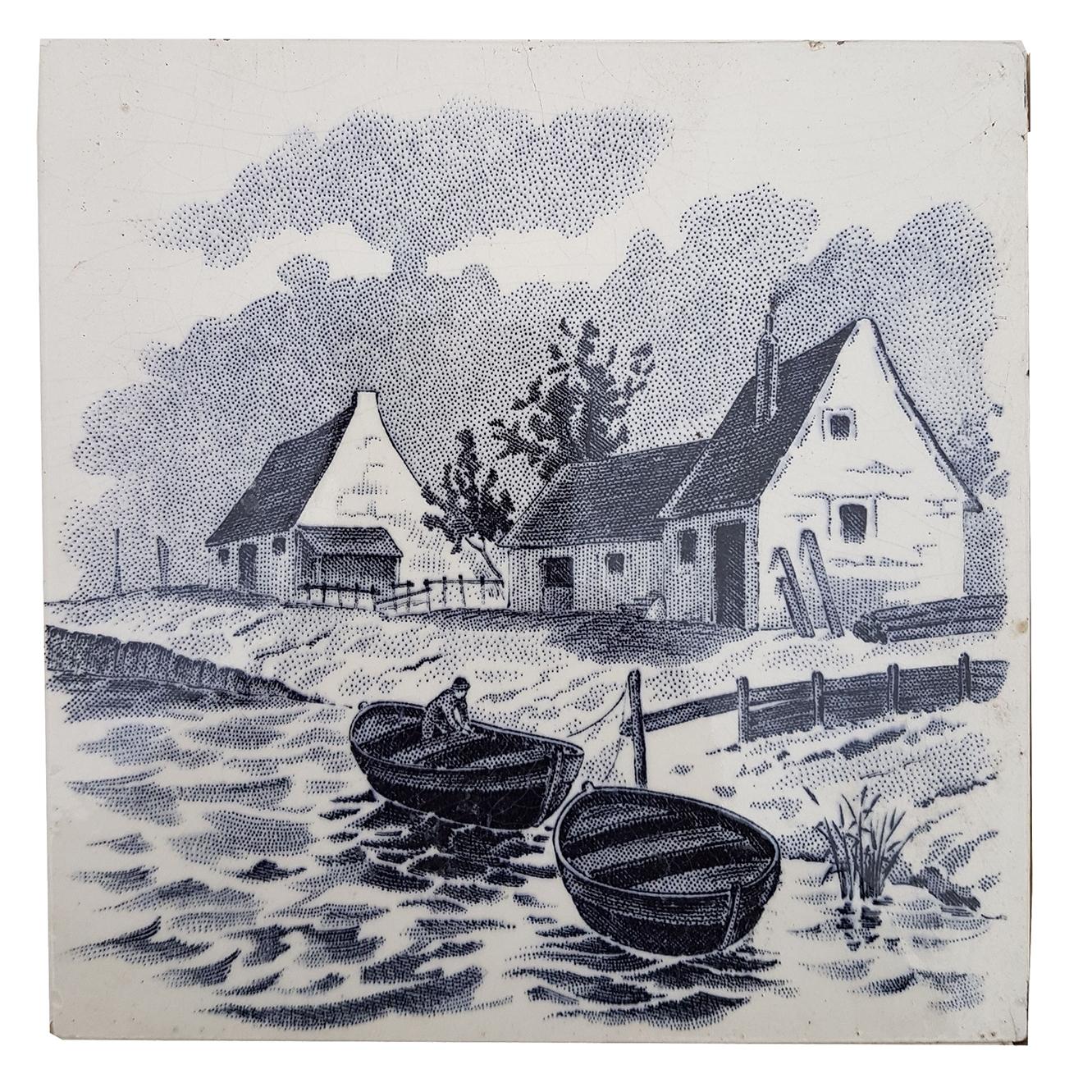 Folk Art Set of 6 of Total 120 Dutch Blue Glazed Ceramic Tiles by Le Glaive, 1930 For Sale