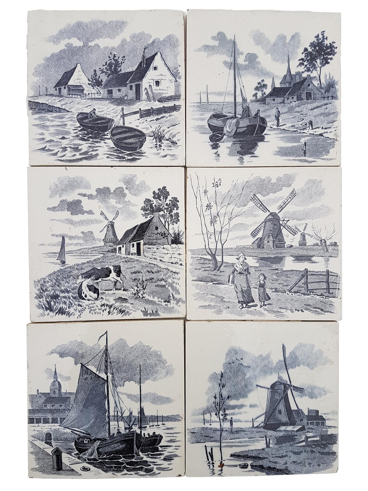 Set of 6 of Total 120 Dutch Blue Glazed Ceramic Tiles by Le Glaive, 1930 In Good Condition For Sale In Rijssen, NL