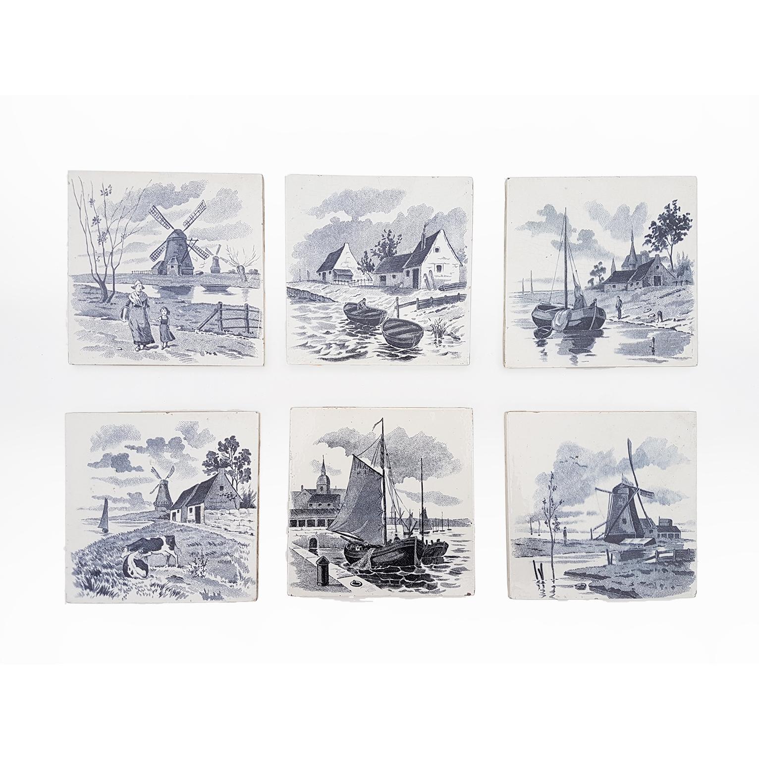 Set of 6 of Total 120 Dutch Blue Glazed Ceramic Tiles by Le Glaive, 1930 For Sale 2