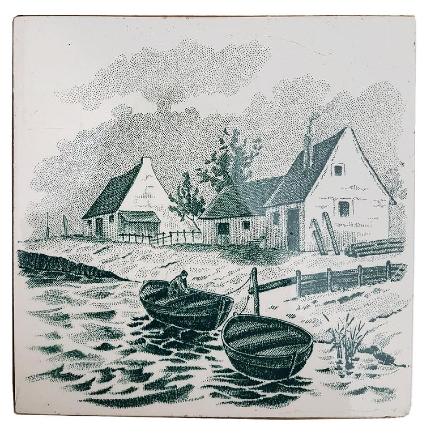 Folk Art Set of 6 of Total 120 Dutch Dark Green Glazed Ceramic Tiles by Le Glaive, 1930 For Sale