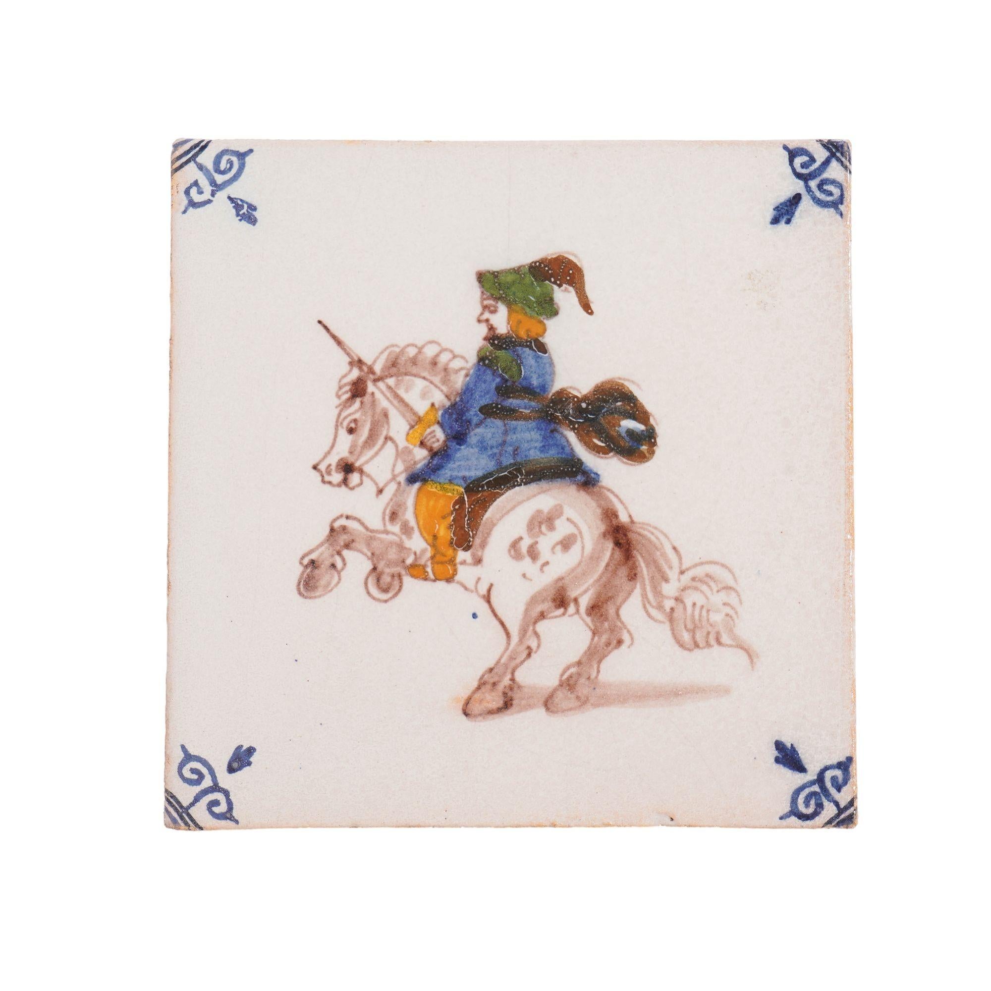 Set of six old Dutch hand painted ceramic tiles attributed to Royal Tichelaar Makkum featuring scenes of equestrian cavaliers.
Netherlands, late 1800's.

Dimensions: 5-1/4