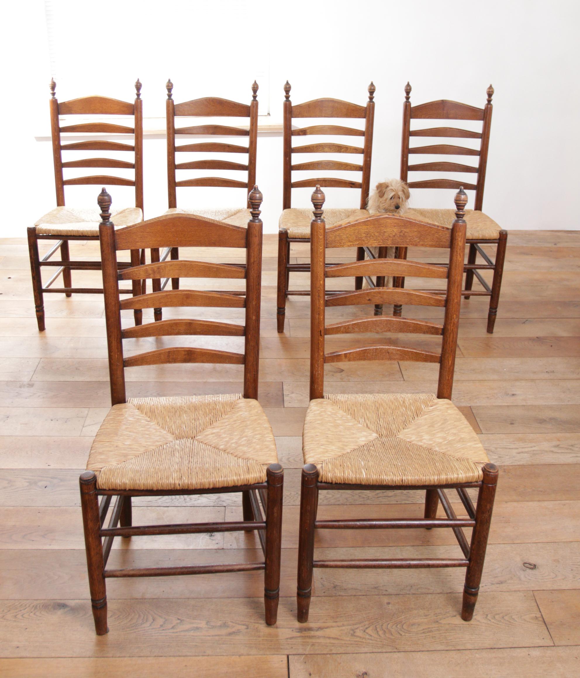 Set of 6 Old Dutch Ladder Back Oak - Rush Seat Dining Chairs 11