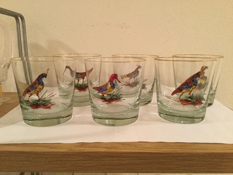 Set of 6 Old Fashion Bar Glasses with Enameled Birds For Sale at 1stdibs
