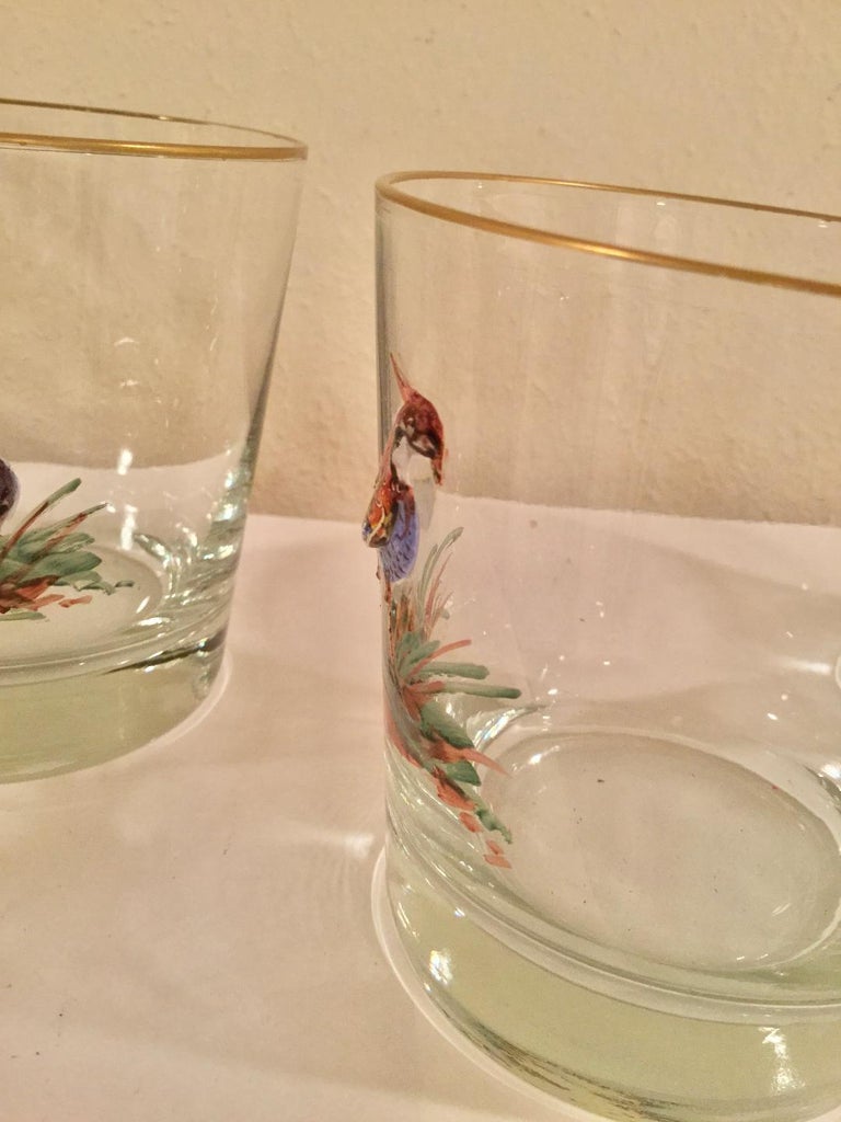 Set of 6 Old Fashion Bar Glasses with Enameled Birds For Sale at 1stdibs