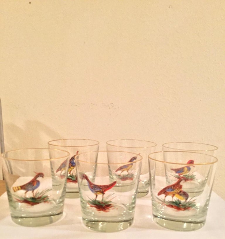 Set of 6 Old Fashion Bar Glasses with Enameled Birds For Sale at 1stdibs
