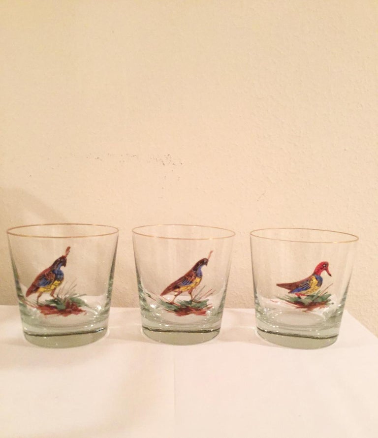 Set of 6 Old Fashion Bar Glasses with Enameled Birds For Sale at 1stdibs
