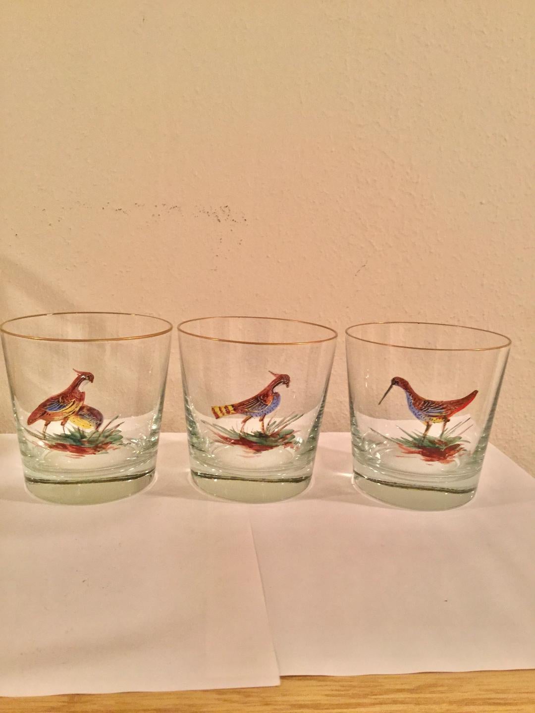 Early 20th Century Set of 10 Old Fashion Bar Glasses with Enameled Birds