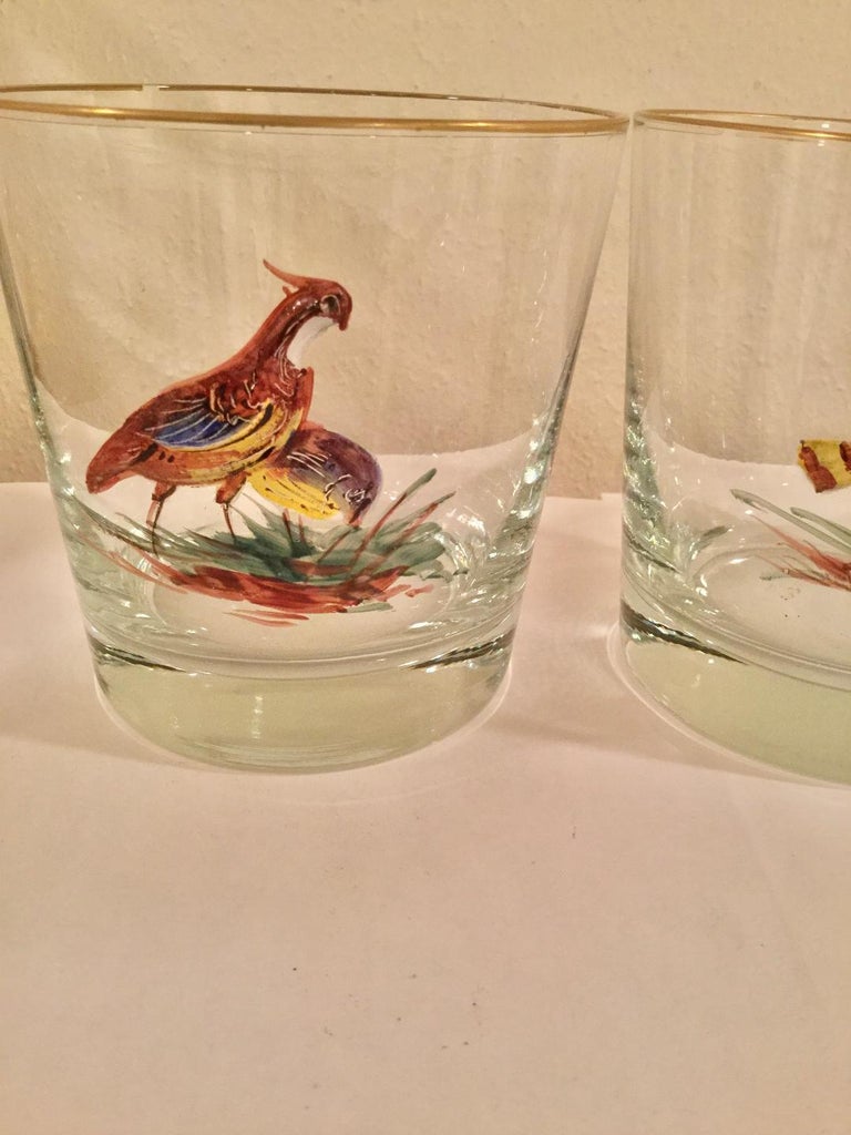Set of 6 Old Fashion Bar Glasses with Enameled Birds For Sale at 1stdibs