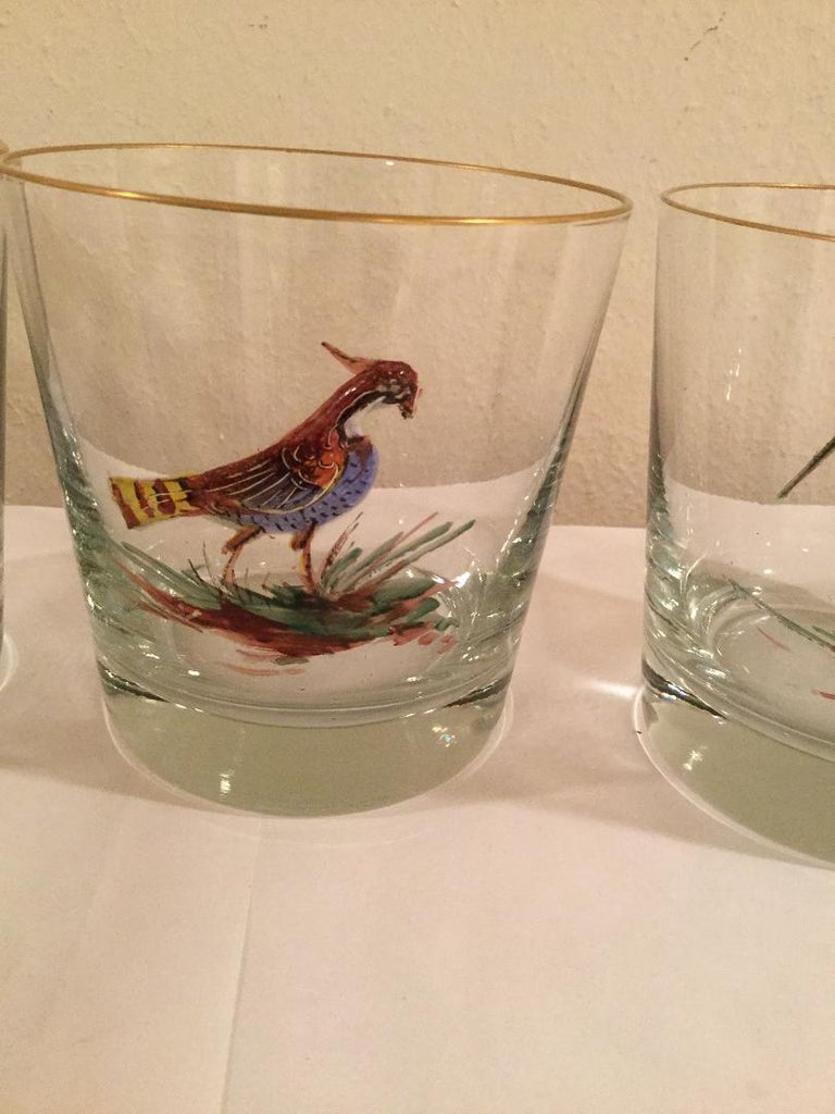 Set of 6 Old Fashion Bar Glasses with Enameled Birds For Sale at 1stdibs