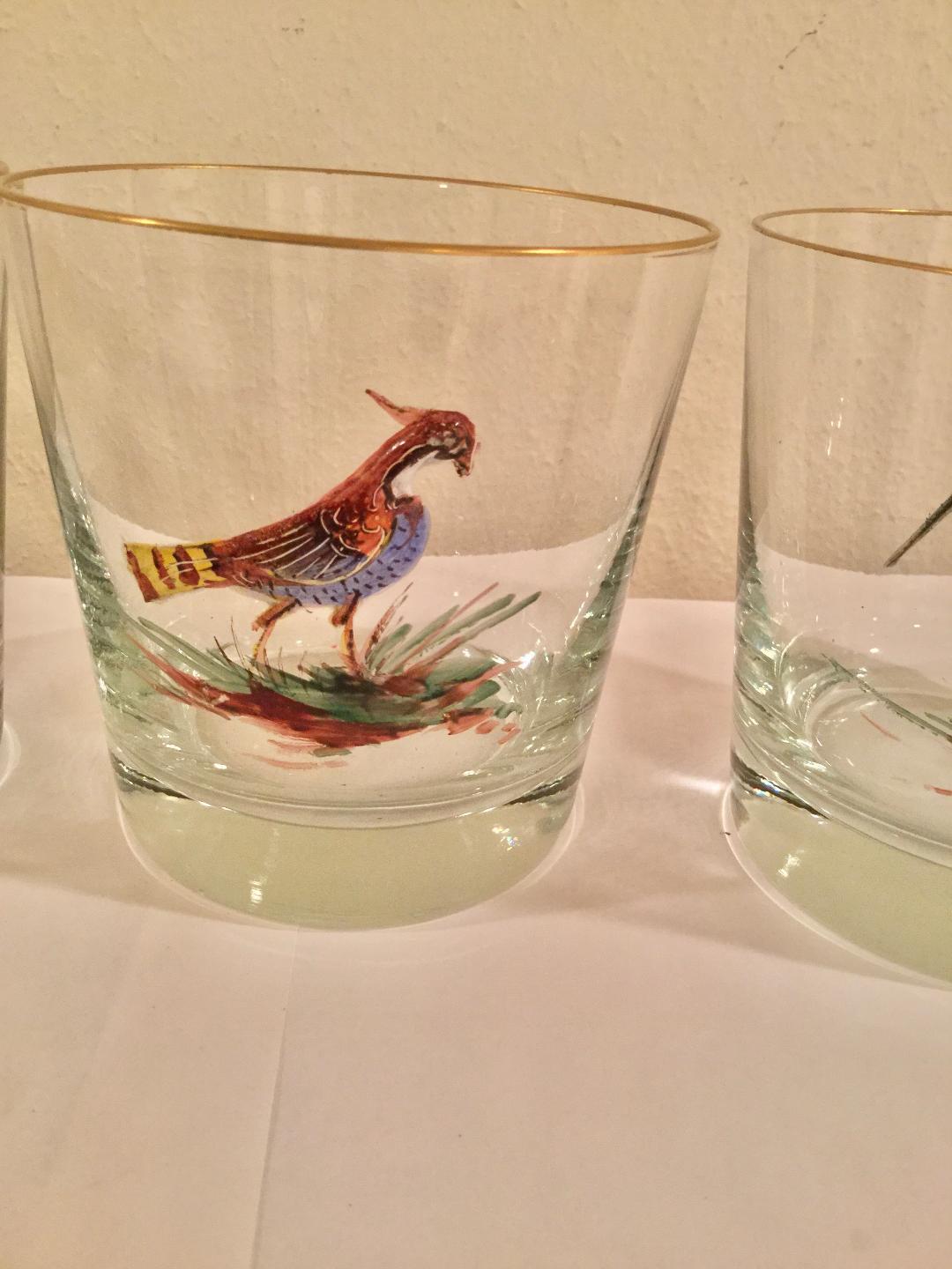 Set of 10 Old Fashion Bar Glasses with Enameled Birds 3