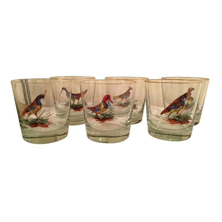 Set of 6 Old Fashion Bar Glasses with Enameled Birds For Sale at 1stdibs