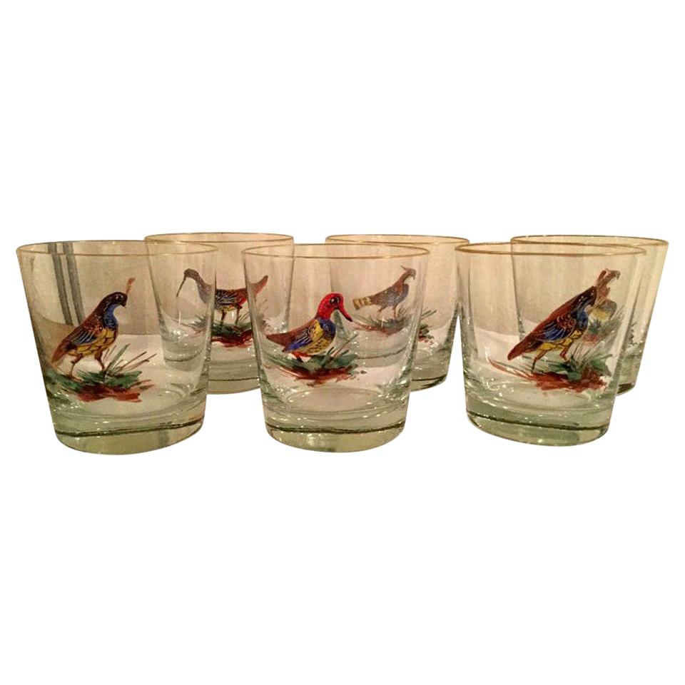Set of 10 Old Fashion Bar Glasses with Enameled Birds