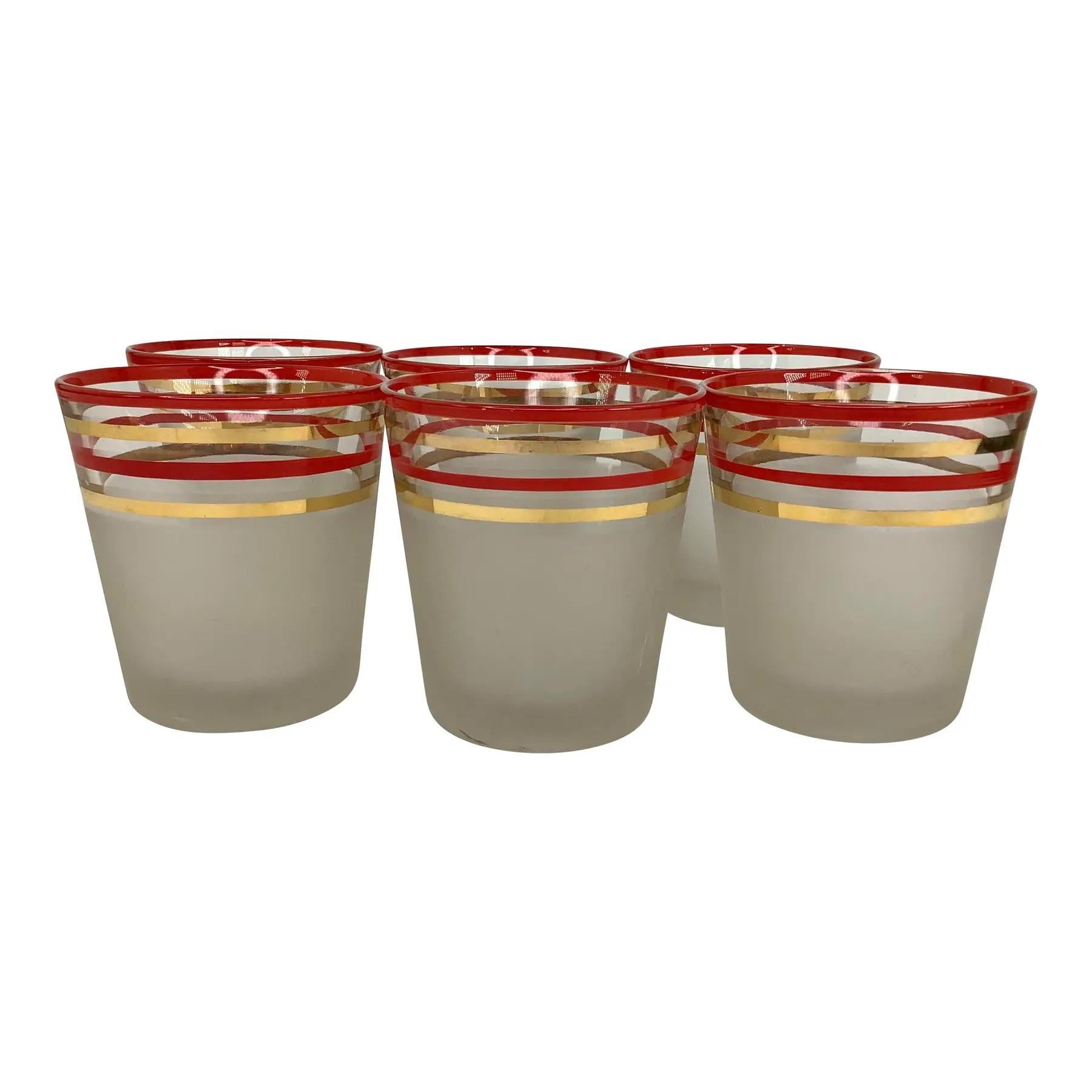 Set of 6 Old Fashioned Frosted Rocks Cocktail Glasses. The bottom tow-thirds of each glass is frosted glass with red and gold gands on clear glass at the top. Glasses measure 3 1/4