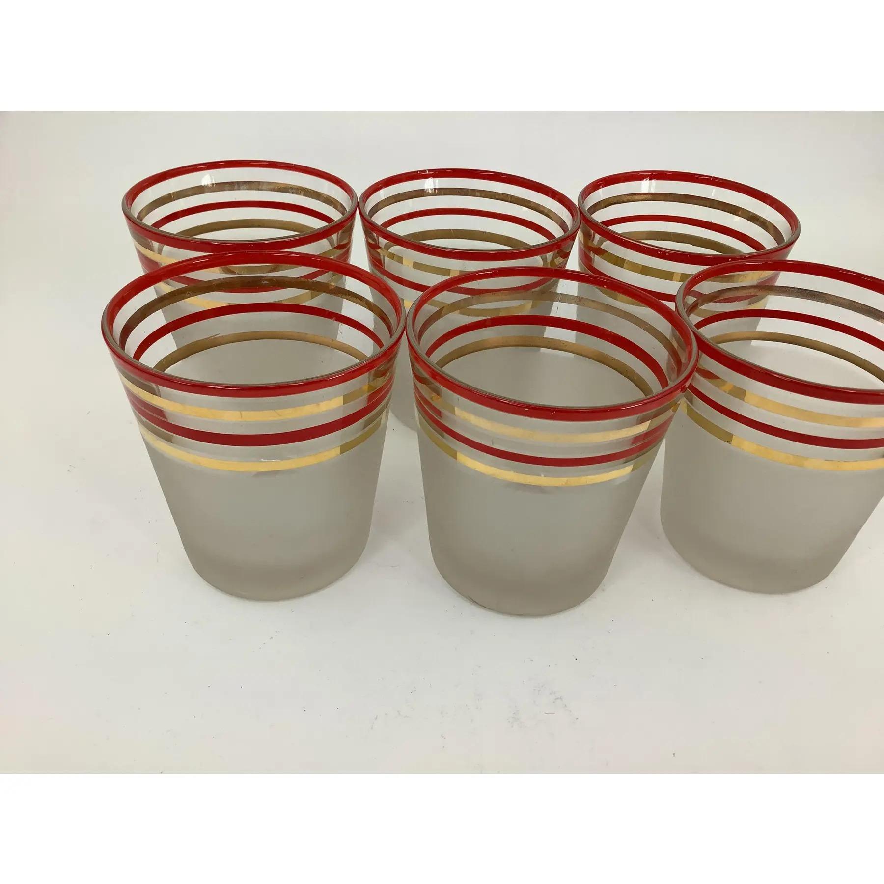 Mid-Century Modern Set of 6 Old Fashioned Rocks Frosted Cocktail Glasses With Red and Gold Bands For Sale