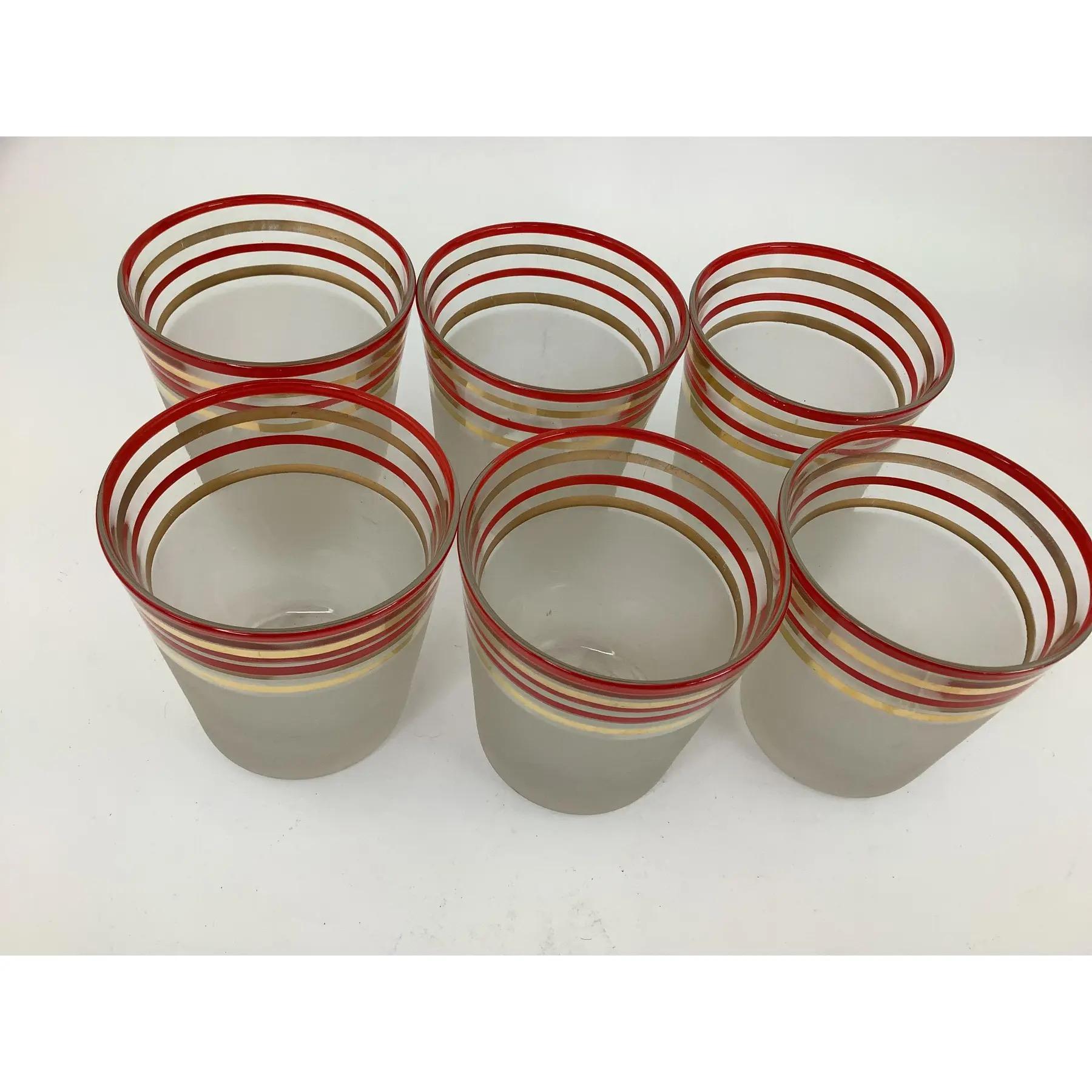 American Set of 6 Old Fashioned Rocks Frosted Cocktail Glasses With Red and Gold Bands For Sale