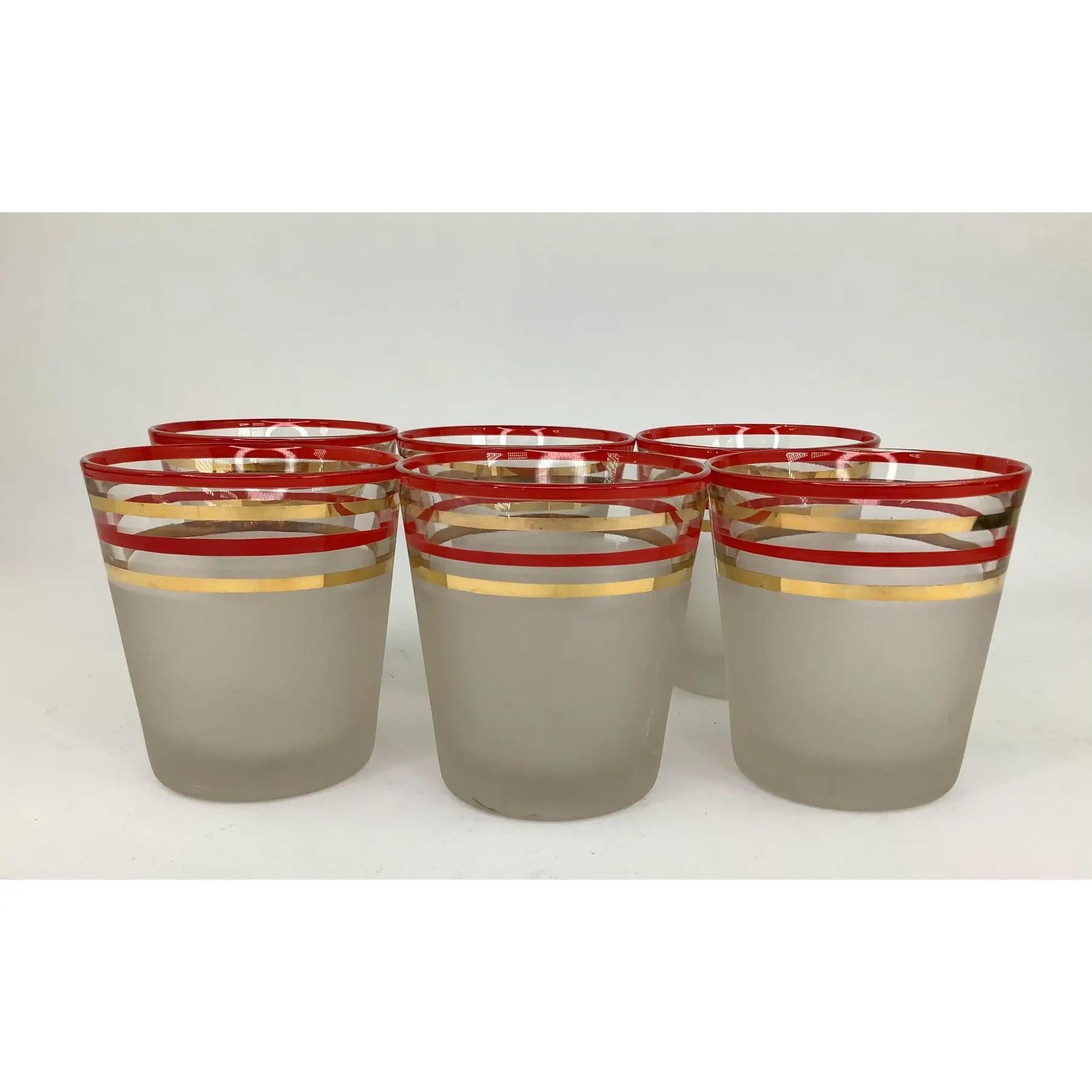 20th Century Set of 6 Old Fashioned Rocks Frosted Cocktail Glasses With Red and Gold Bands For Sale