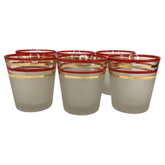 Set of 6 Old Fashioned Rocks Frosted Cocktail Glasses With Red and Gold Bands