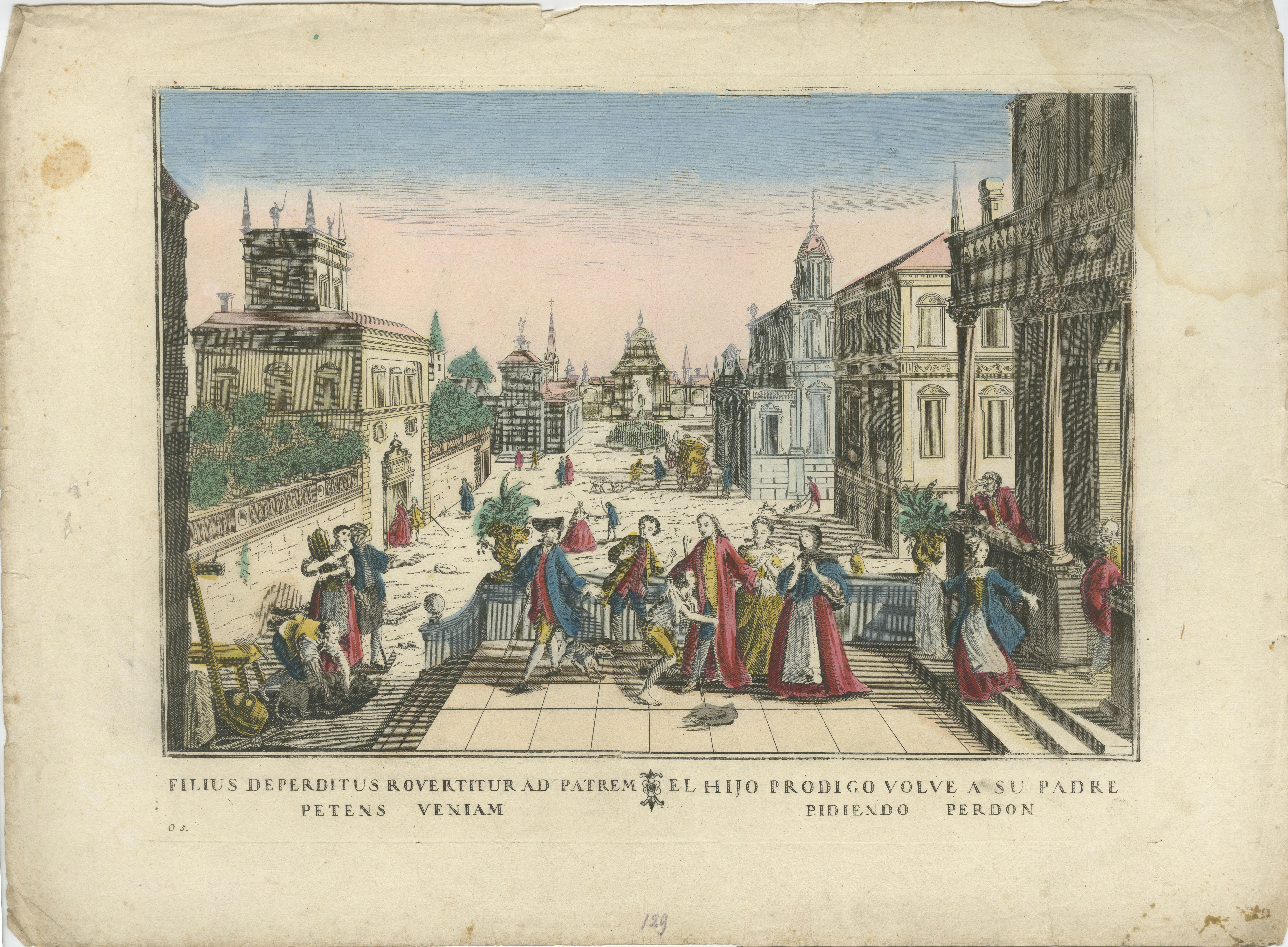 Satz von 6 optischen Drucken - Die Geschichte vom verlorenen Sohn von Probst, handkoloriert 1780 (Deutsch) im Angebot