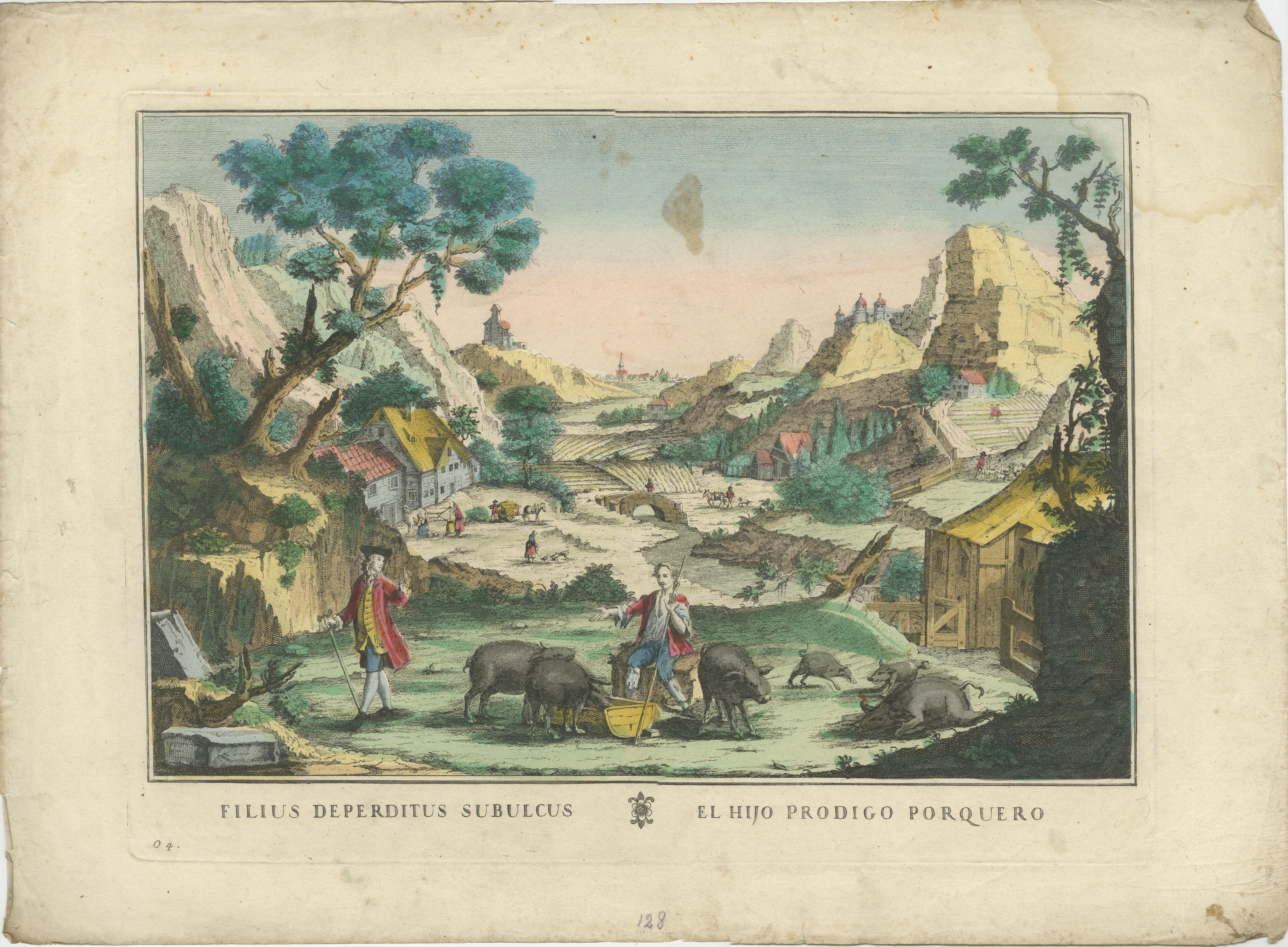 Satz von 6 optischen Drucken - Die Geschichte vom verlorenen Sohn von Probst, handkoloriert 1780 (Graviert) im Angebot