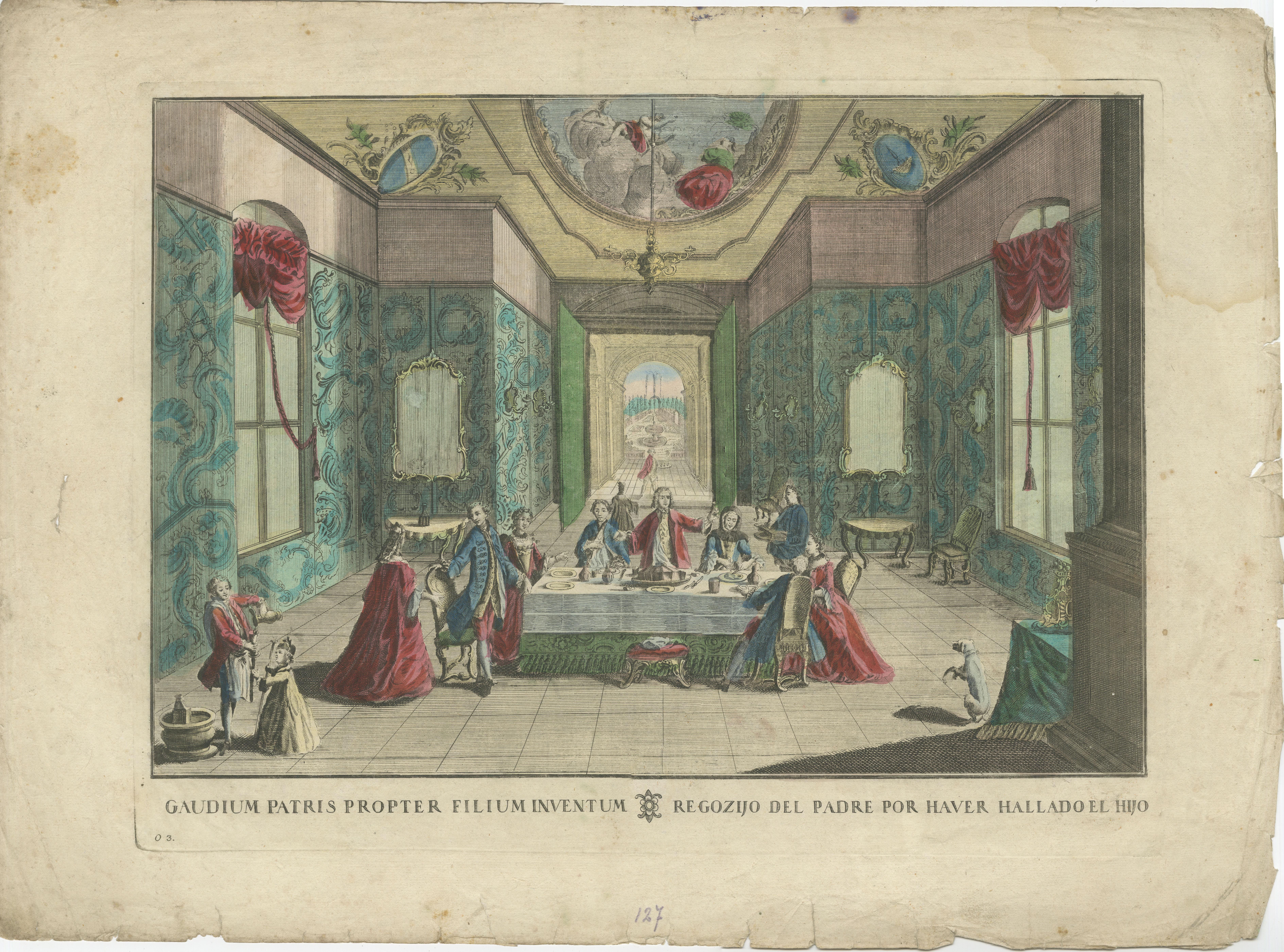 Satz von 6 optischen Drucken - Die Geschichte vom verlorenen Sohn von Probst, handkoloriert 1780 im Zustand „Relativ gut“ im Angebot in Langweer, NL