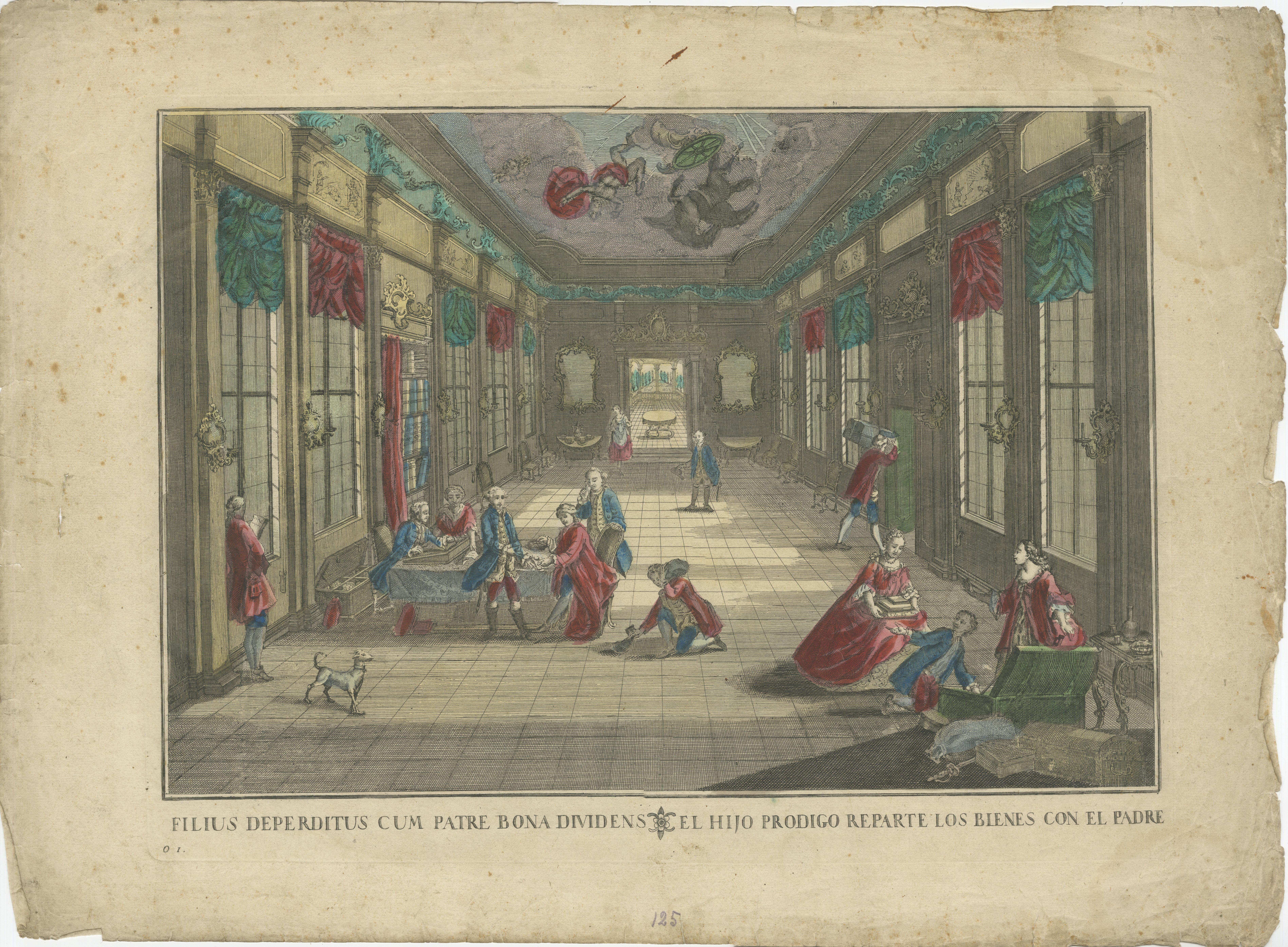 Satz von 6 optischen Drucken - Die Geschichte vom verlorenen Sohn von Probst, handkoloriert 1780 (Papier) im Angebot