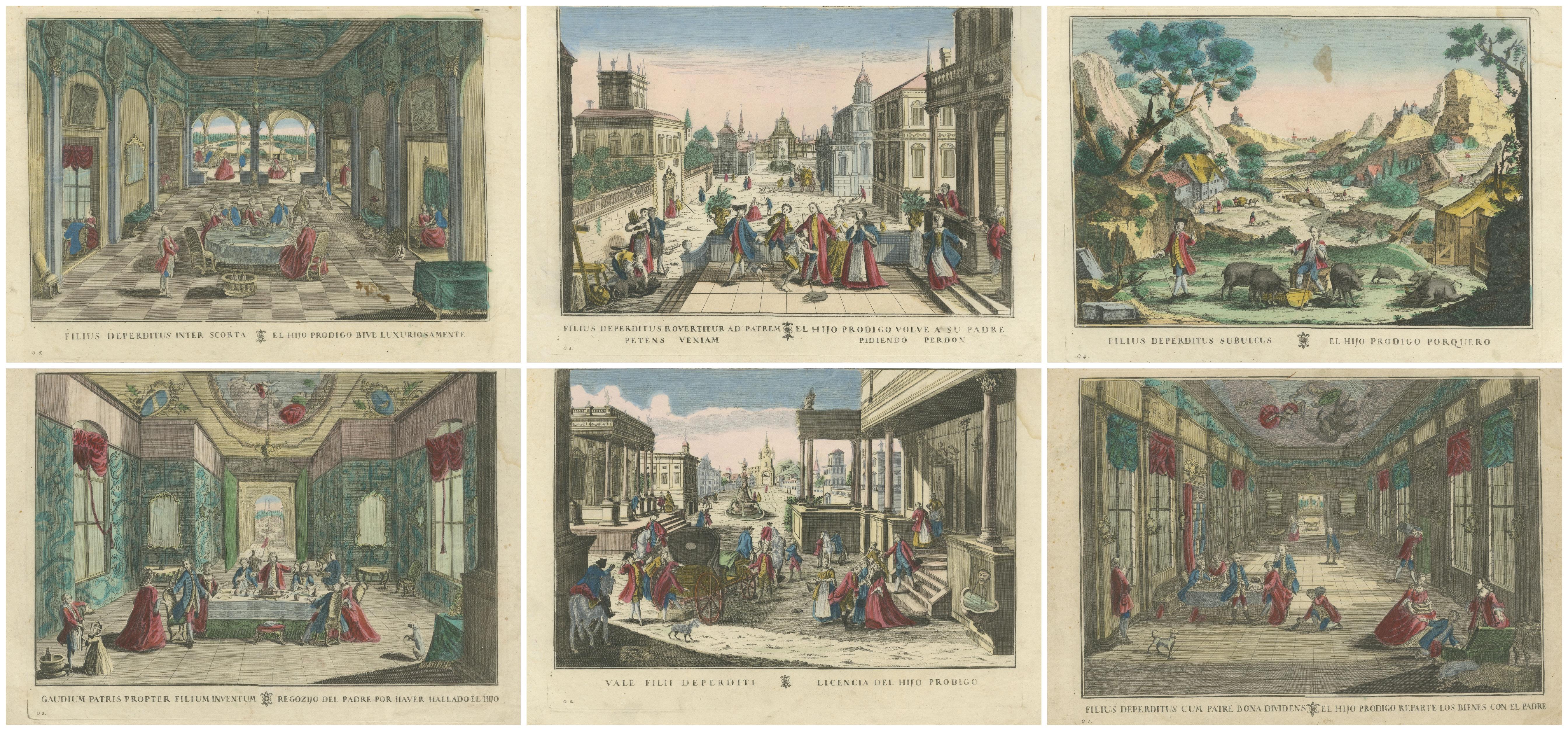 Satz von 6 optischen Drucken - Die Geschichte vom verlorenen Sohn von Probst, handkoloriert 1780 im Angebot 1