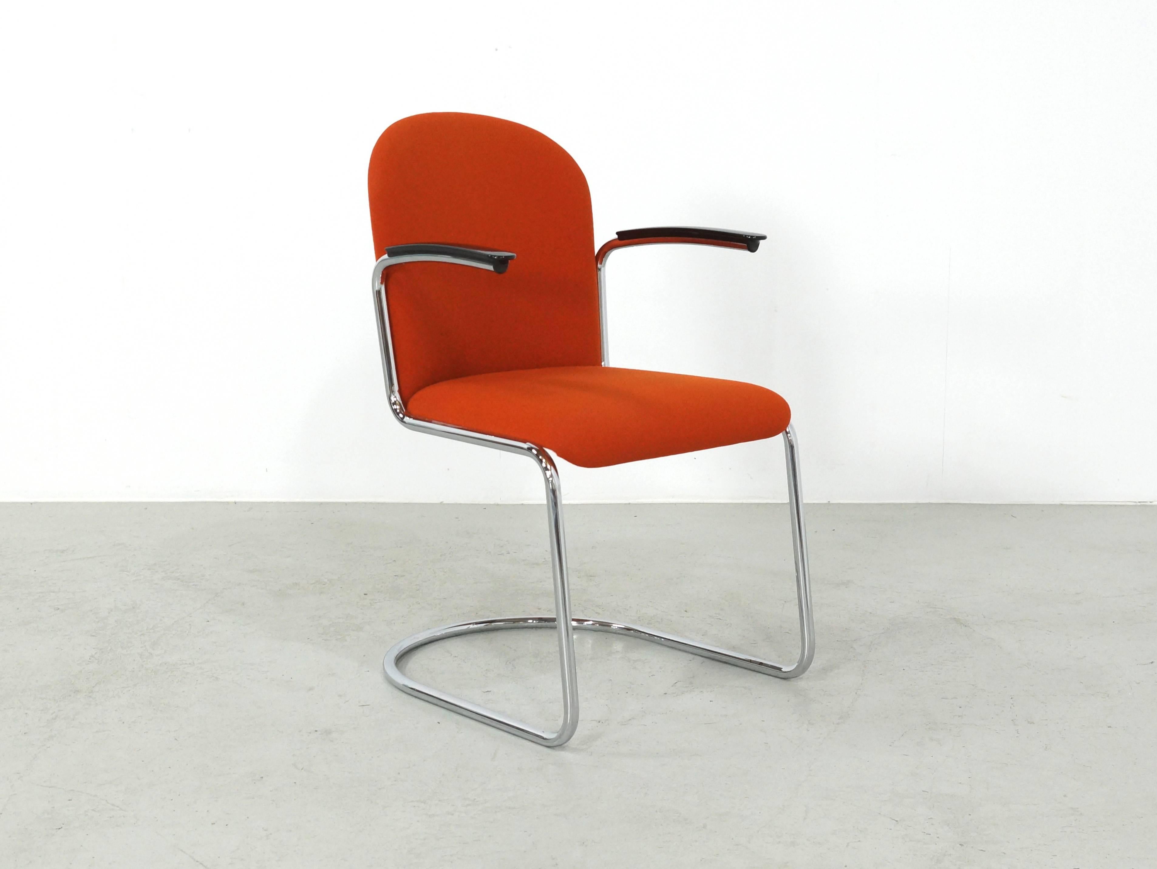 Set of six orange dining or conference chairs model 413 R designed by W.H. Gispen for Dutch Originals. WH Gispen originally designed this model in 1937. These cantilever chairs were extremely modernistic for that time, the success for this model