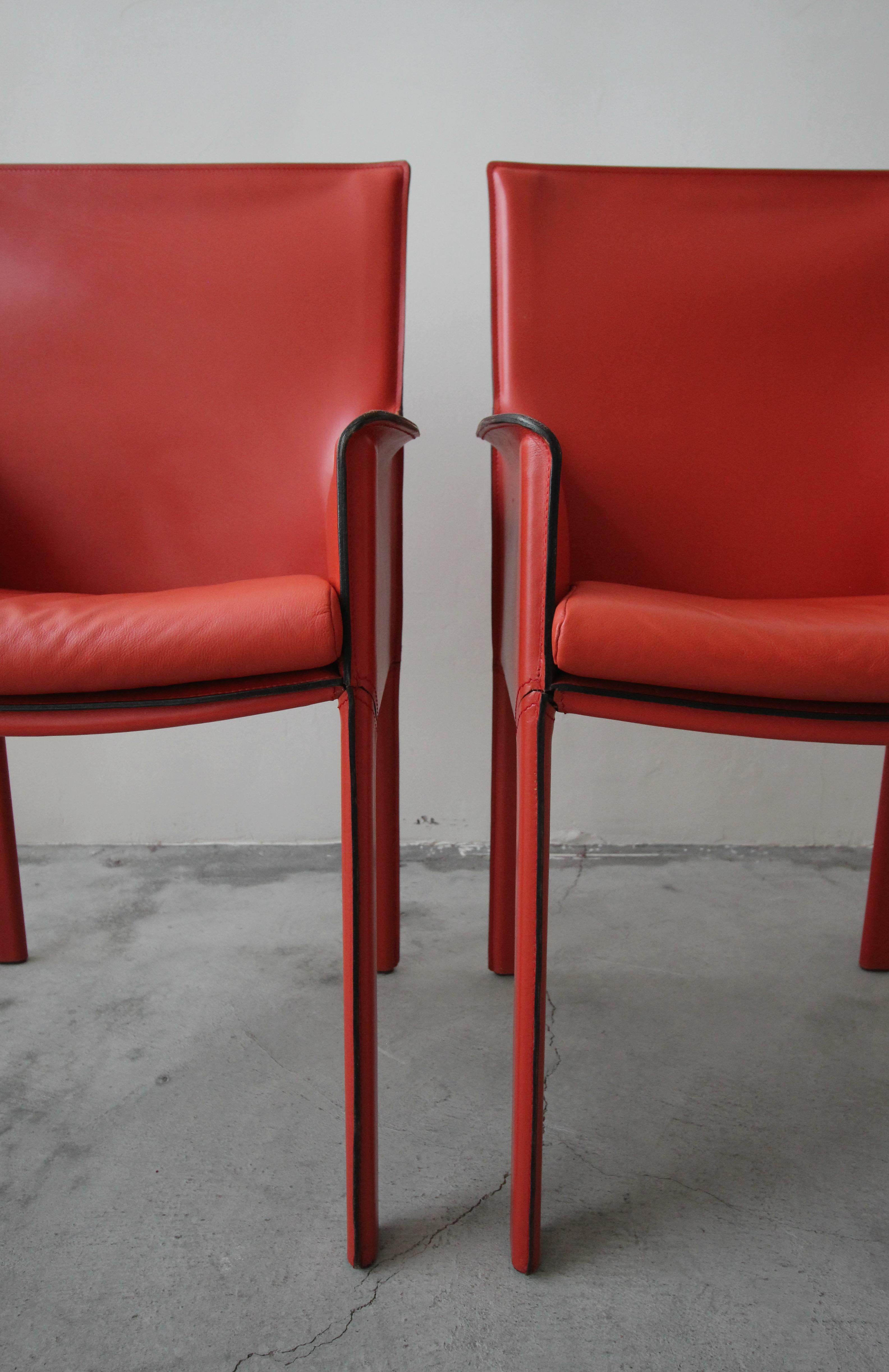 20th Century Set of 6 Orange Italian Leather Dining Chairs by Enrico Pellizzoni