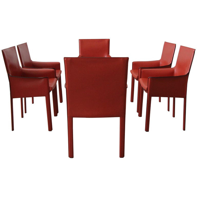 Set of 6 Orange Italian Leather Dining Chairs by Enrico ...