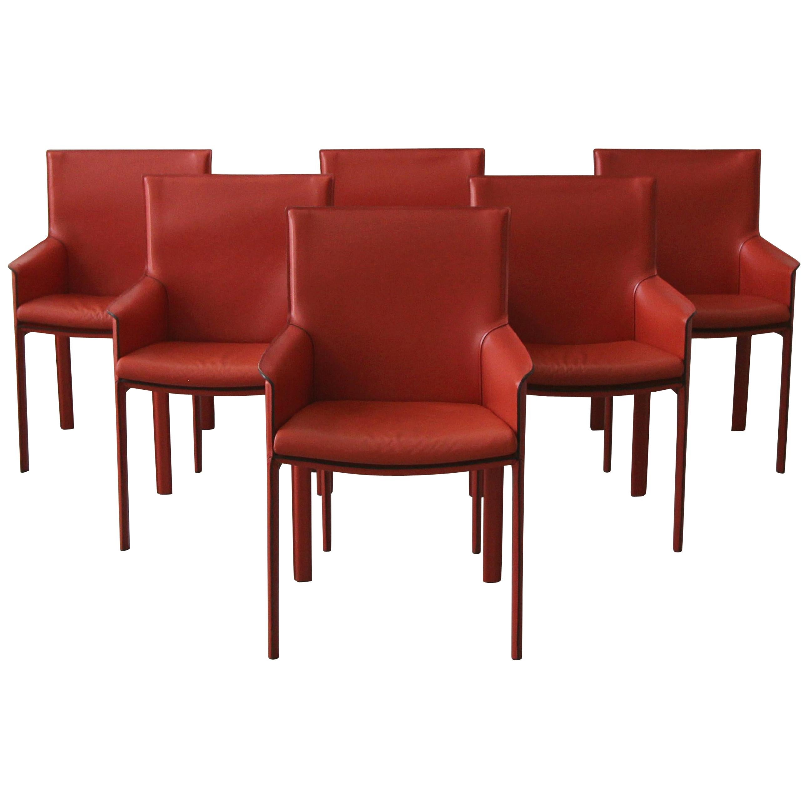 Set of 6 Orange Italian Leather Dining Chairs by Enrico Pellizzoni